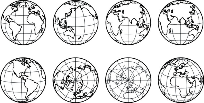 Globes depicting different continental views black and white vector illustration