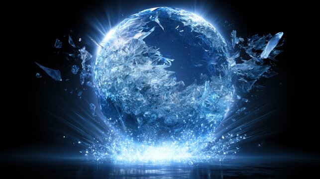 Glowing blue crystal sphere shattering into ice shards and energy particles with bright light reflections on a dark surface
