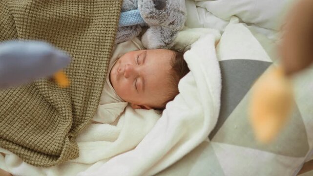 Boy sleeping with face visible under a green knit blanket beside a plush koala on a geometric playmat in a cozy nursery; serenity.