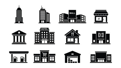 Obraz premium Collection of commercial building silhouettes in various styles during daytime isolated on white background