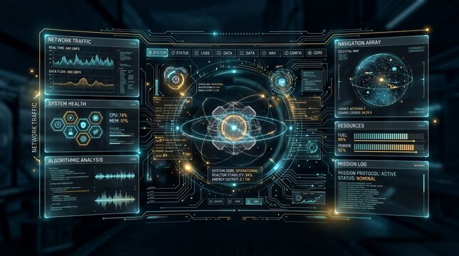 Futuristic spaceship cockpit dashboard with digital data interface.