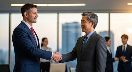 Fototapeta premium Two business professionals shake hands in a modern office. A man in a blue suit and a man in a gray suit are engaged in a formal greeting.