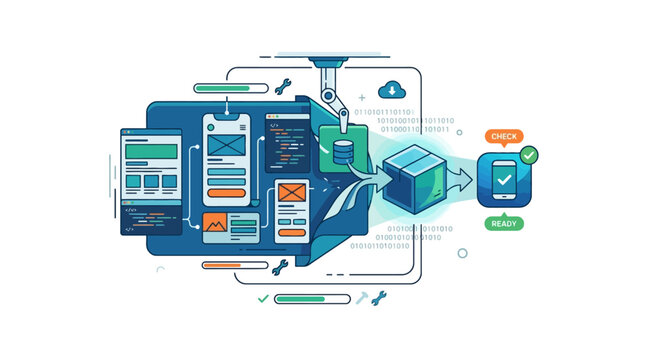 Digital software development process illustration showing mobile application deployment and cloud integration workflow. EPS Editable. Vector Illustrations.