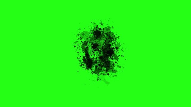 Black paint splatter and ink blot text overlay on green screen background