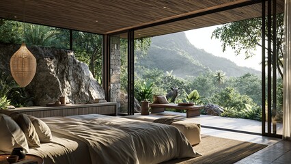 Obraz premium Luxury tropical bedroom with open veranda and mountain view