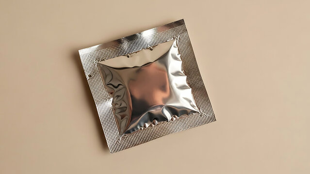 Silver foil condom wrapper on beige background packaging