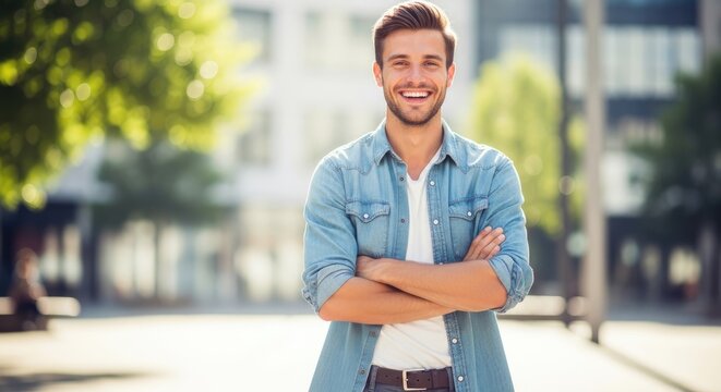 A smiling man stands outdoors in a city setting. He is wearing a denim shirt, a white t-shirt, and a belt.
