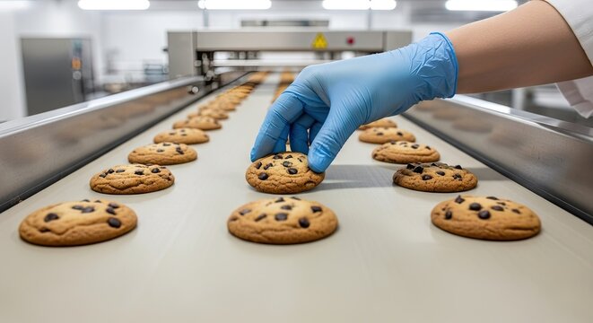 A gloved hand carefully inspects chocolate chip cookies moving along a stainless steel conveyor belt in a bakery. The cookies are arranged in neat rows on the belt.