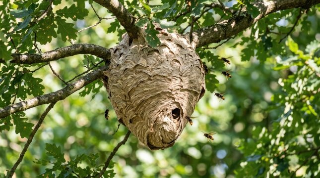 A large, gray wasp nest hangs from a tree branch. Several wasps are flying around the nest.