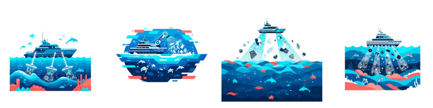 Ships collecting plastic waste from ocean water in flat vector style