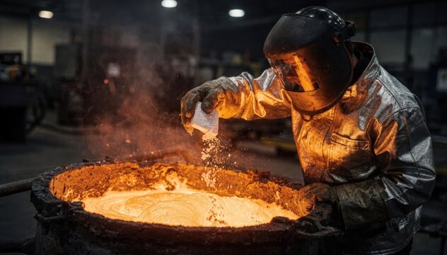 Medium shot of a worker carefully adding tablet flux into a molten metal ladle to improve metal purity by removing impurities and oxides during refining.