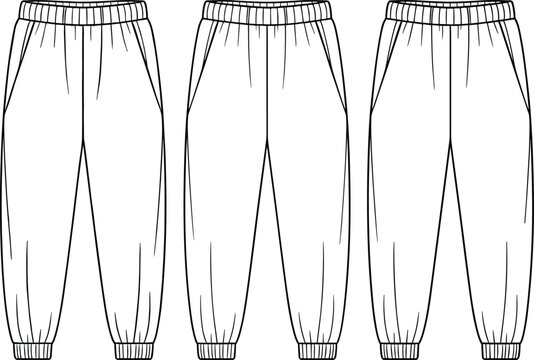 Technical fashion sketch of casual sweatpants and joggers with elastic waistband for apparel design and production templates