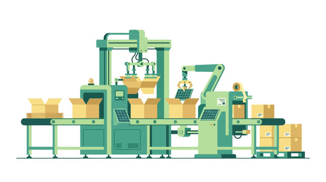 Automated industrial packaging conveyor belt system with robotic arms. EPS Editable. Vector Illustrations.