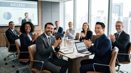 Obraz premium A diverse group of professionals celebrate a successful quarter in a modern office. They are seated around a large conference table, applauding and smiling with expressions of joy and accomplishment.