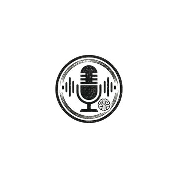 Black microphone icon with sound waves and brain