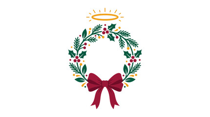 Fototapeta premium Christmas wreath with red bow and golden halo icon.