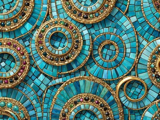 Obraz premium Blue mosaic pattern with golden spirals and colorful gems for decorative art background or abstract texture