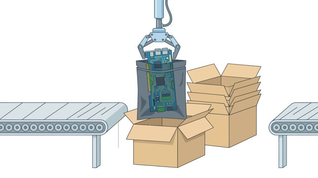 Automated robotic arm packing electronic components into cardboard boxes on a factory conveyor belt 1. EPS Editable. Vector Illustrations.