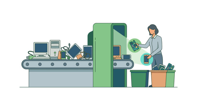 Electronic waste recycling process with worker sorting old computer components on conveyor belt. EPS Editable. Vector Illustrations.