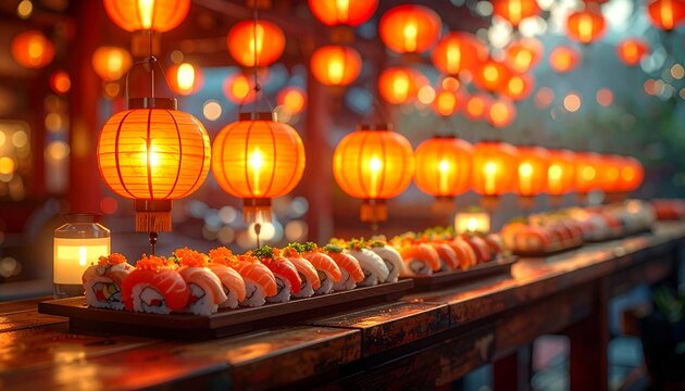 握り寿司・祭り・提灯・夏・屋台・日本文化・縁日/Nigiri sushi with Japanese festival lanterns, warm orange light, summer matsuri food culture