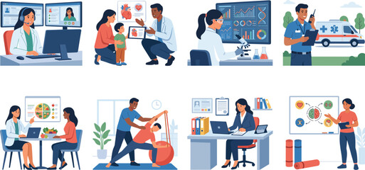 Naklejka premium Healthcare Services and Medical Consultation Flat Vector Illustration Collection Set