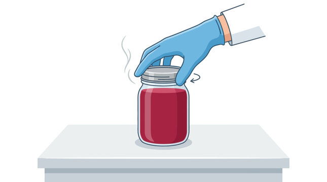 Gloved hand sealing a glass jar filled with red liquid or preserve. EPS Editable. Vector Illustrations.