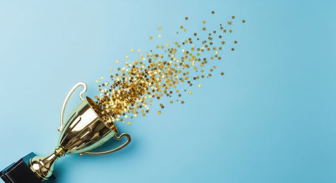 golden trophy cup overflowing with shiny gold star confetti on blue background celebrating victory and achievement.