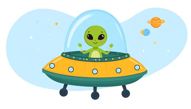 Cartoon illustration featuring a friendly, green alien piloting a UFO in outer space