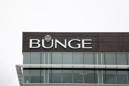 Chesterfield, Missouri, USA - March 24, 2022: Closeup of Bunge logo on headquarters building on Timberlake Manor Parkway in Chesterfield, Missouri, USA.  Bunge Global SA (Bunge) is an agribusiness and