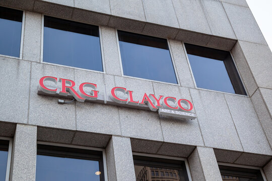 St. Louis, Missouri, USA - March 24, 2022: Closeup exterior signage for CRG Clayco on the office building on Forsyth Blvd in St. Louis, Missouri, USA. CRG is a North American real estate development a