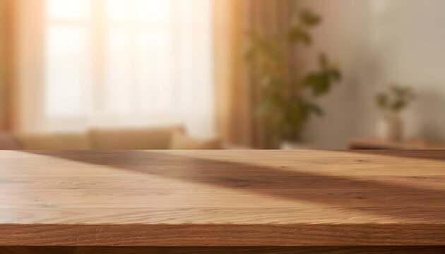 Empty wooden table surface in a cozy sunlit room interior with blurred home background for product presentation