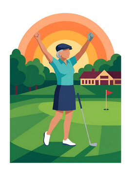 Senior woman celebrating victory on course ladies golf vector