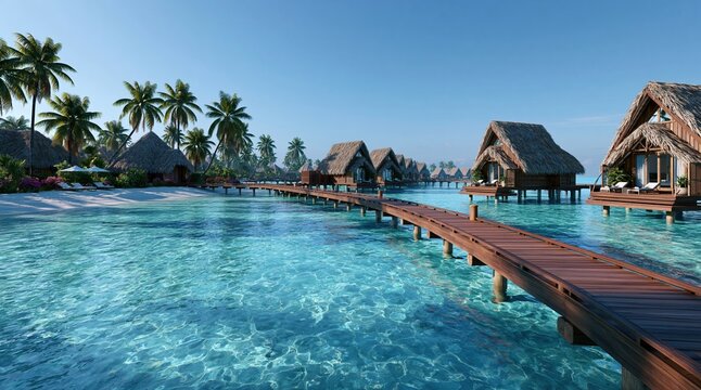 Tropical overwater bungalows and infinity pool over lagoon, morning