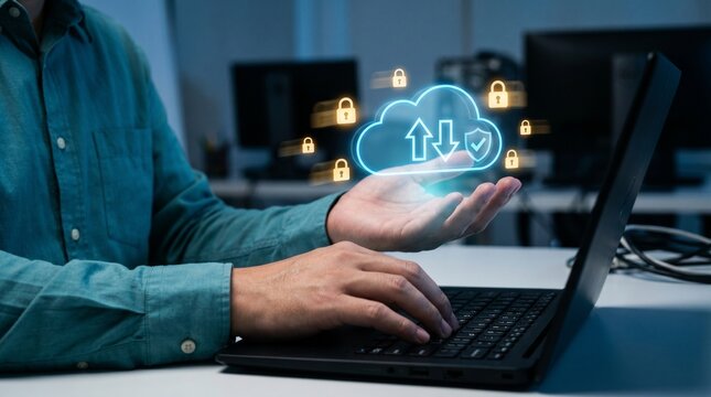 A person working on a laptop with a digital cloud computing icon with security locks and data transfer arrows hovering above their hand