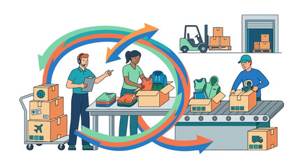Naklejka premium Logistics warehouse workers packing boxes and managing inventory with conveyor belt and forklift illustration. EPS Editable. Vector Illustrations.