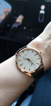 BANGKOK, THAILAND - APRIL 15 : Jaeger leCoultre Master Ultra Thin Collection with 18k gold case and alligator strap, with small second, with ultra luxury gold precious case, in Bangkok, Thailand