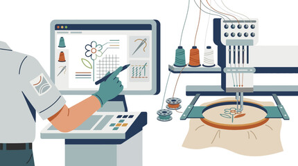 Naklejka premium Professional operator using computerized embroidery machine for textile design production. EPS Editable. Vector Illustrations.