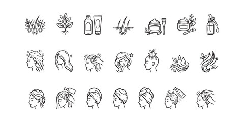 Fototapeta premium Organic Hair Care Routine and Natural Scalp Treatment Hand Drawn Sketch Vector Icon Set