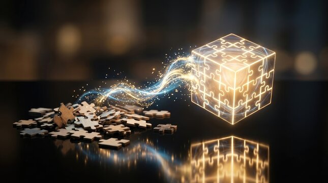 A glowing cube of puzzle pieces coalesces from a stream of light, forming a complete cube. Scattered puzzle pieces lie on a dark surface below, reflecting the light.