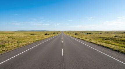 Fototapeta premium A long asphalt road stretches into the distance under a clear blue sky. The road is flanked by grassy plains and a horizon of rolling hills.