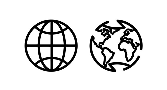 World globe grid and map outline vector icons with geography
