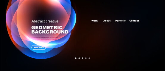 Naklejka premium Dark website header features vibrant overlapping circles. Text promotes geometric design, includes read more button. Navigation visible.