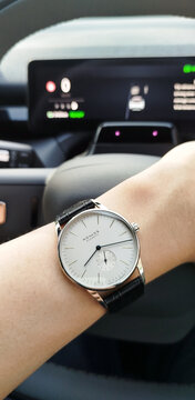 BANGKOK, THAILAND - MAY 7 : Nomos Orion, Germany made watch, manual winding mechanic, white silver dial with small second, minimal design, in Bangkok, Thailand, on May 7, 2026.