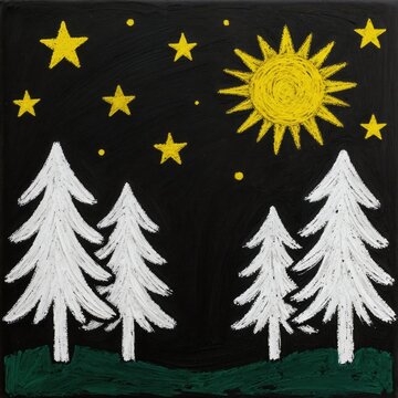 White chalk trees under starry night sky with bright yellow sun. Simple childlike illustration evokes rustic winter nature forest scene. Textured background adds artistic depth.