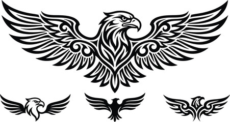 Fototapeta premium Black tribal eagle designs with wings spread isolated on transparent background