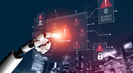 Naklejka premium Robotic Hand Interacting with Digital System Alert Display in a Modern Cityscape at Night Illustration of Cybersecurity and Technology Concepts. Bitwise.
