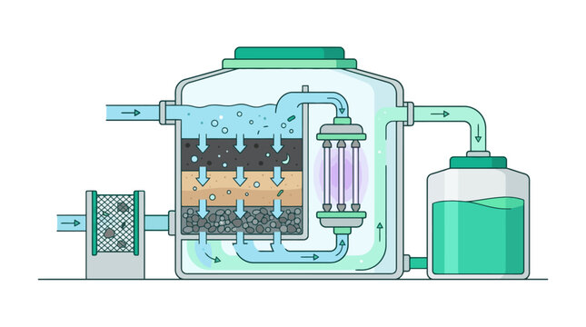 Water filtration system diagram showing purification process. EPS Editable