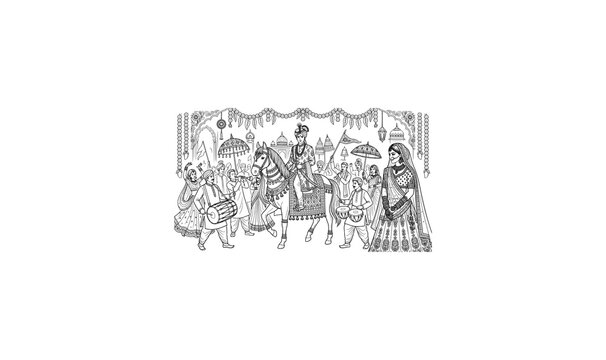 Indian Wedding Baraat Groom Horse Bride Line Art Vector Illustration