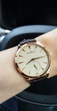 BANGKOK, THAILAND - APRIL 15 : Jaeger leCoultre Master Ultra Thin Collection with 18k gold case and alligator strap, round dial, small second, with ultra luxury gold precious case, in Bangkok, Thailan