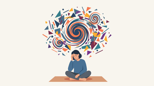 Dizzy woman sitting with spiral vortex and exploding geometric shapes above head concept of migraine acute stress depression panic attack and mental health crisis